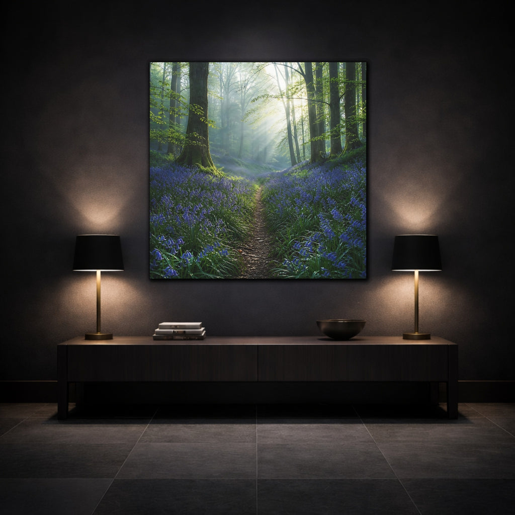Mockup 3. Nature Bluebell Forest Bluebell Forest shown as stretched canvas wall art