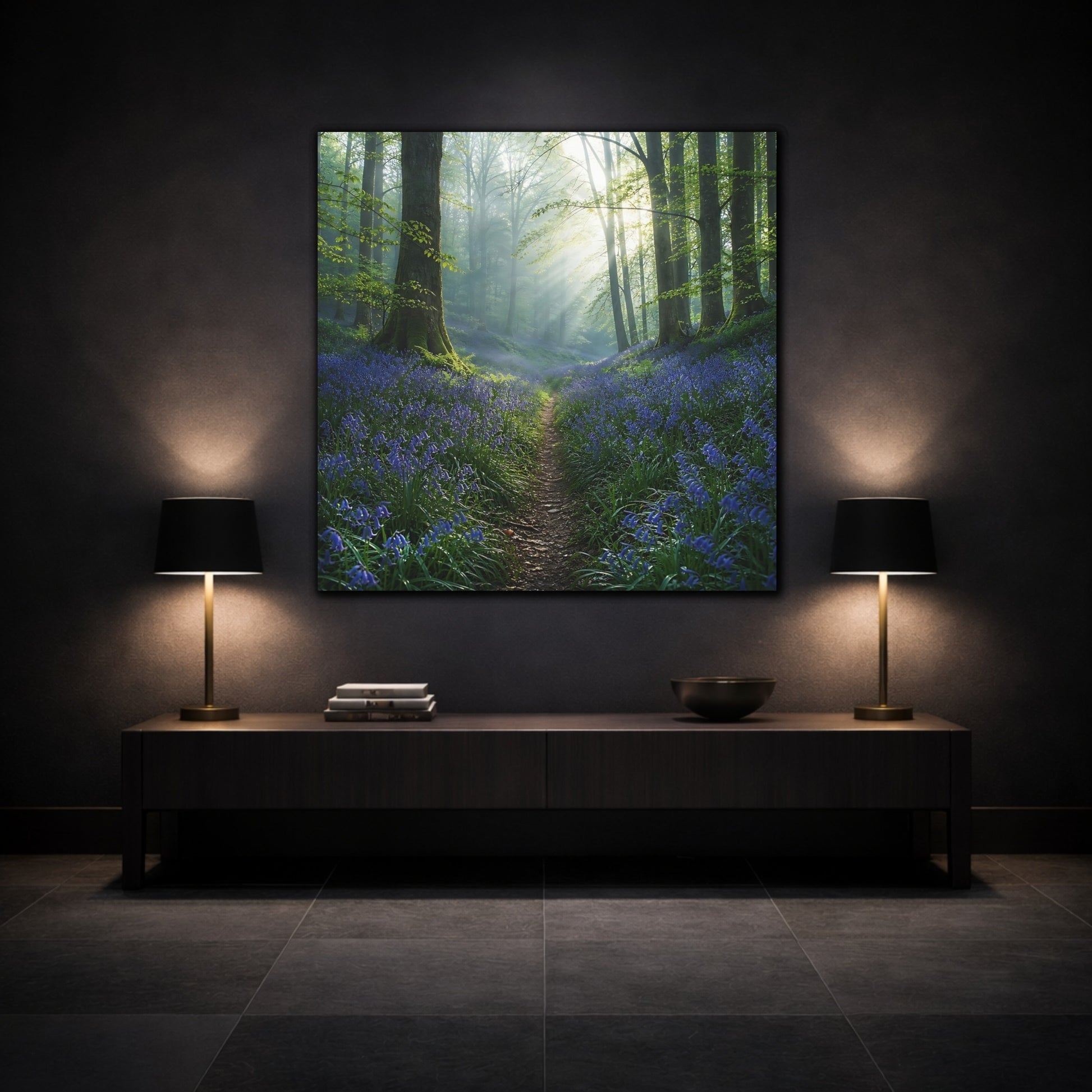Mockup 3. Nature Bluebell Forest Bluebell Forest shown as stretched canvas wall art
