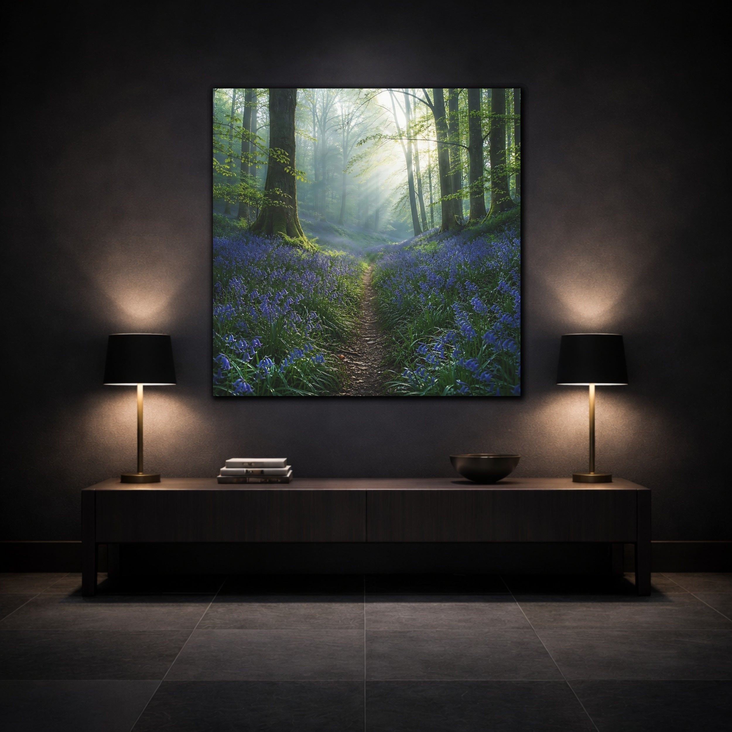 Mockup 3. Nature Bluebell Forest Bluebell Forest shown as stretched canvas wall art
