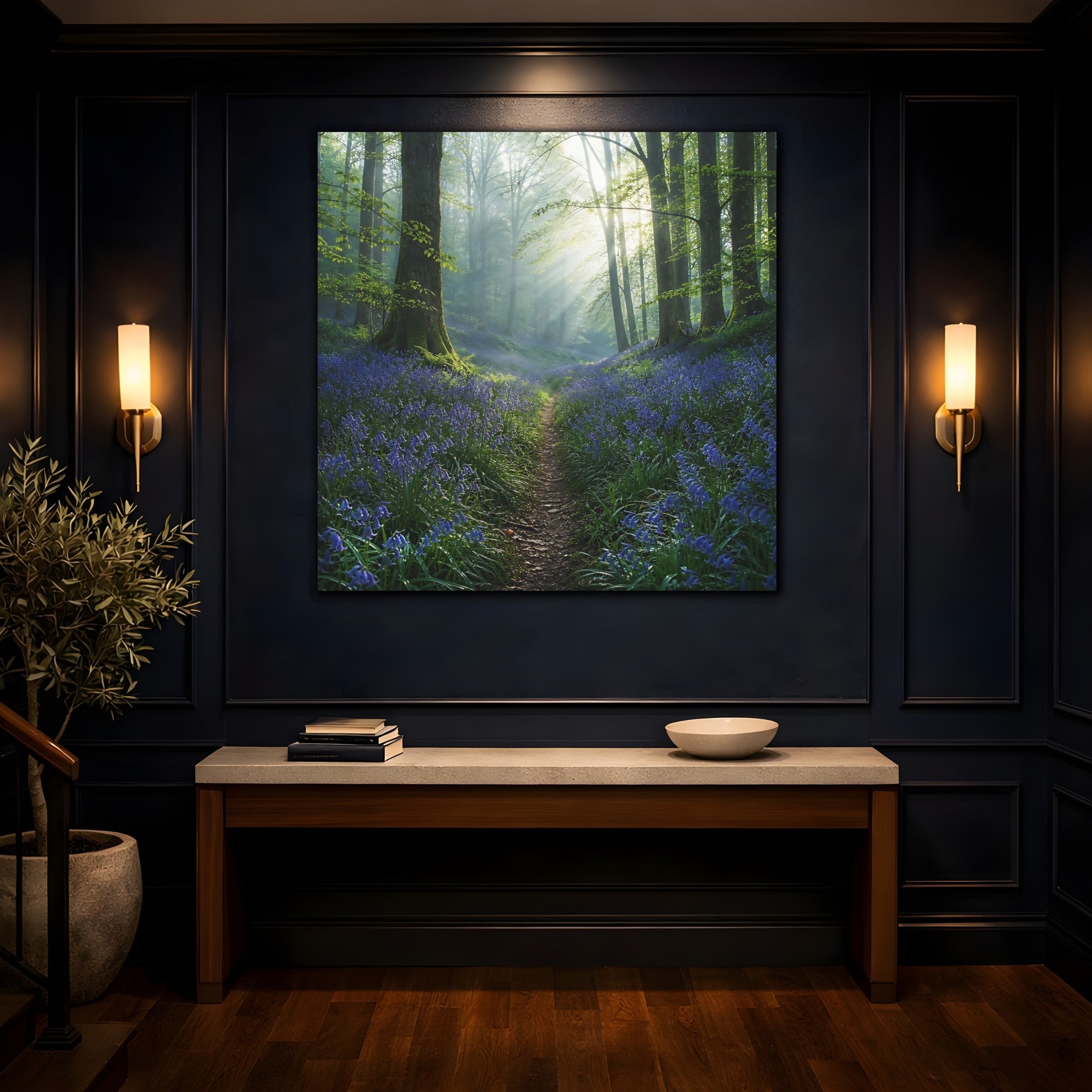 Mockup 4. Nature Bluebell Forest Bluebell Forest shown as stretched canvas wall art