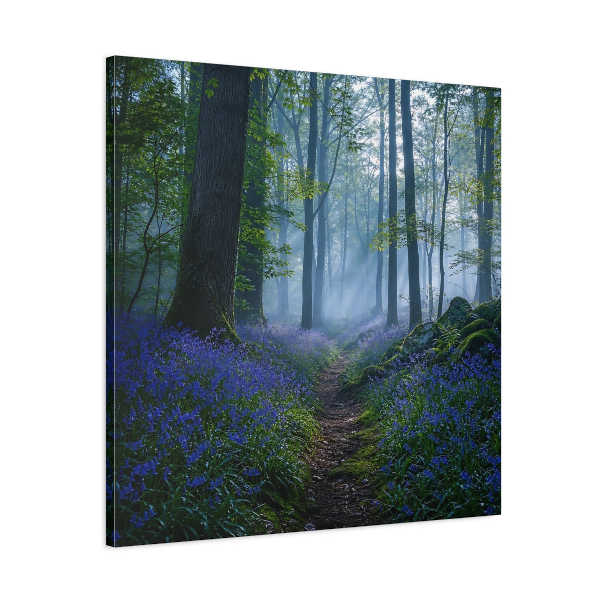 Side Mockup 3. Nature Bluebell Forest Bluebell Forest shown as stretched canvas wall art
