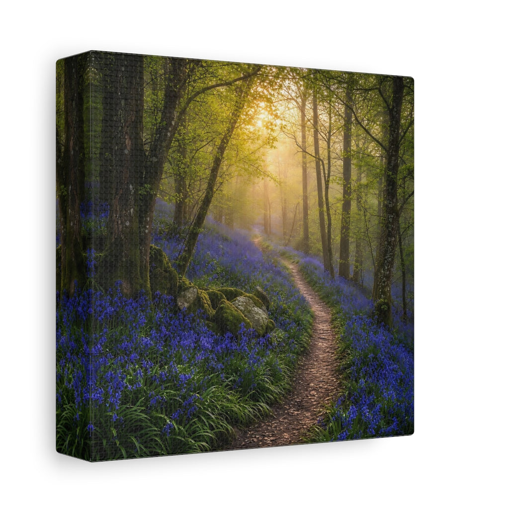 Side Mockup 2. Nature Bluebell Forest Bluebell Forest Path shown as stretched canvas wall art