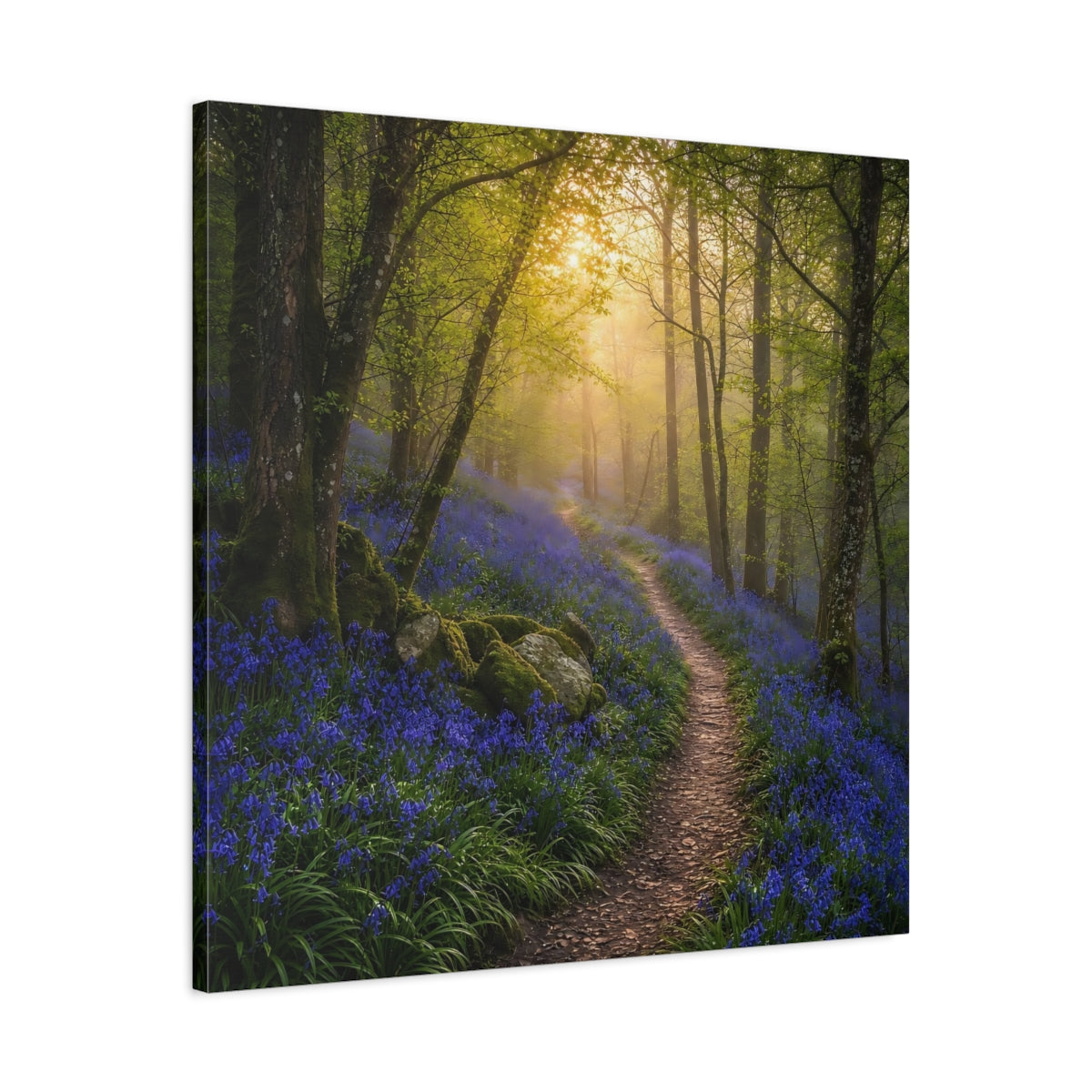 Side Mockup 3. Nature Bluebell Forest Bluebell Forest Path shown as stretched canvas wall art