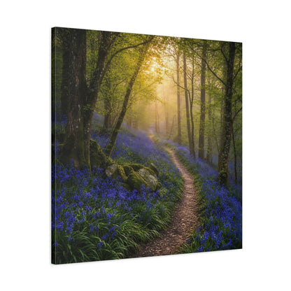 Side Mockup 3. Nature Bluebell Forest Bluebell Forest Path shown as stretched canvas wall art