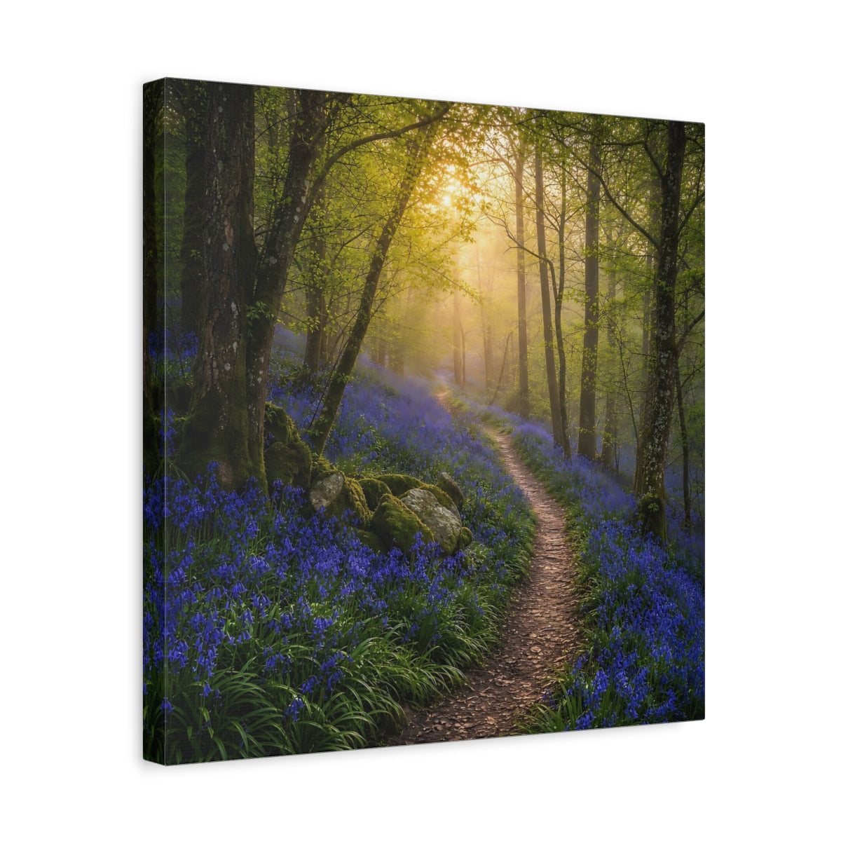 Side Mockup 6. Nature Bluebell Forest Bluebell Forest Path shown as stretched canvas wall art