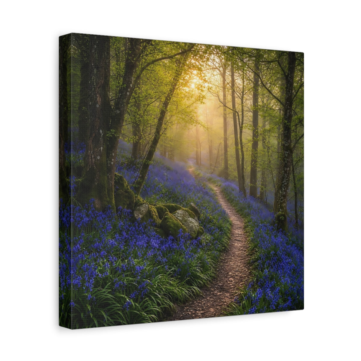 Side Mockup 8. Nature Bluebell Forest Bluebell Forest Path shown as stretched canvas wall art