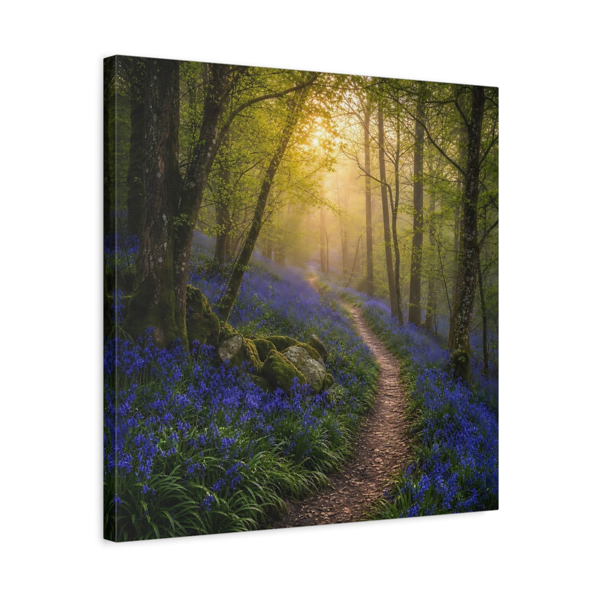 Side Mockup 5. Nature Bluebell Forest Bluebell Forest Path shown as stretched canvas wall art