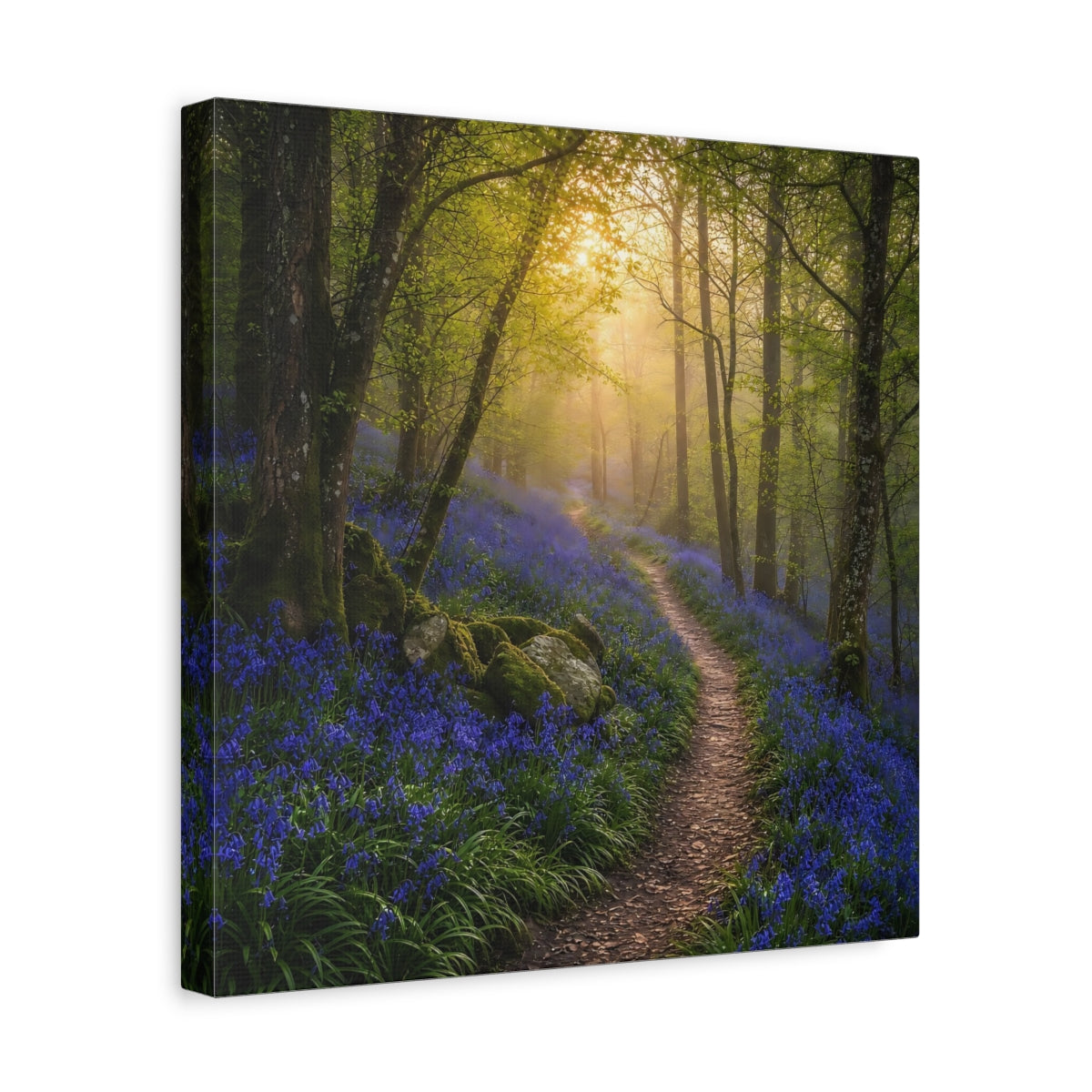 Side Mockup 7. Nature Bluebell Forest Bluebell Forest Path shown as stretched canvas wall art