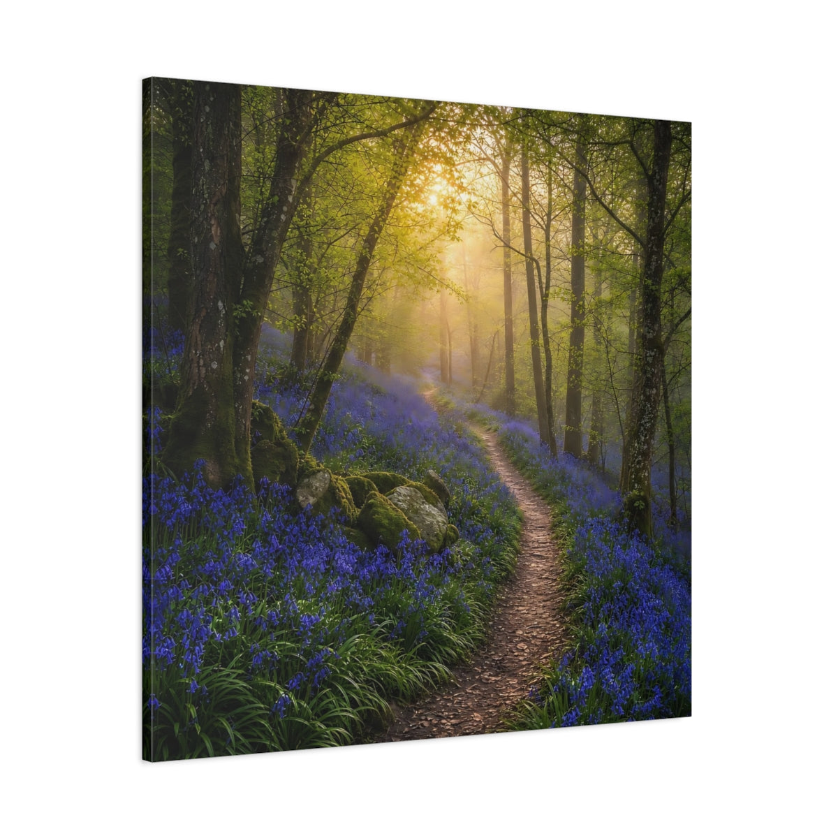 Side Mockup 1. Nature Bluebell Forest Bluebell Forest Path shown as stretched canvas wall art