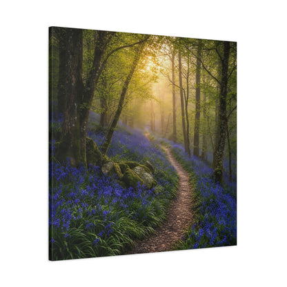 Side Mockup 1. Nature Bluebell Forest Bluebell Forest Path shown as stretched canvas wall art