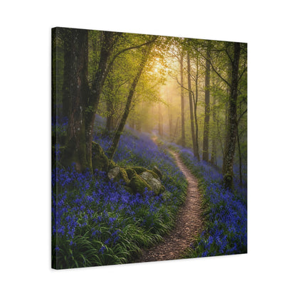 Side Mockup 4. Nature Bluebell Forest Bluebell Forest Path shown as stretched canvas wall art