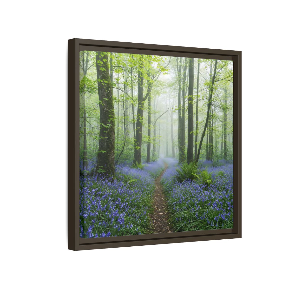 Side Mockup 14. Nature Bluebell Forest Bluebell Forest Path shown as stretched canvas wall art