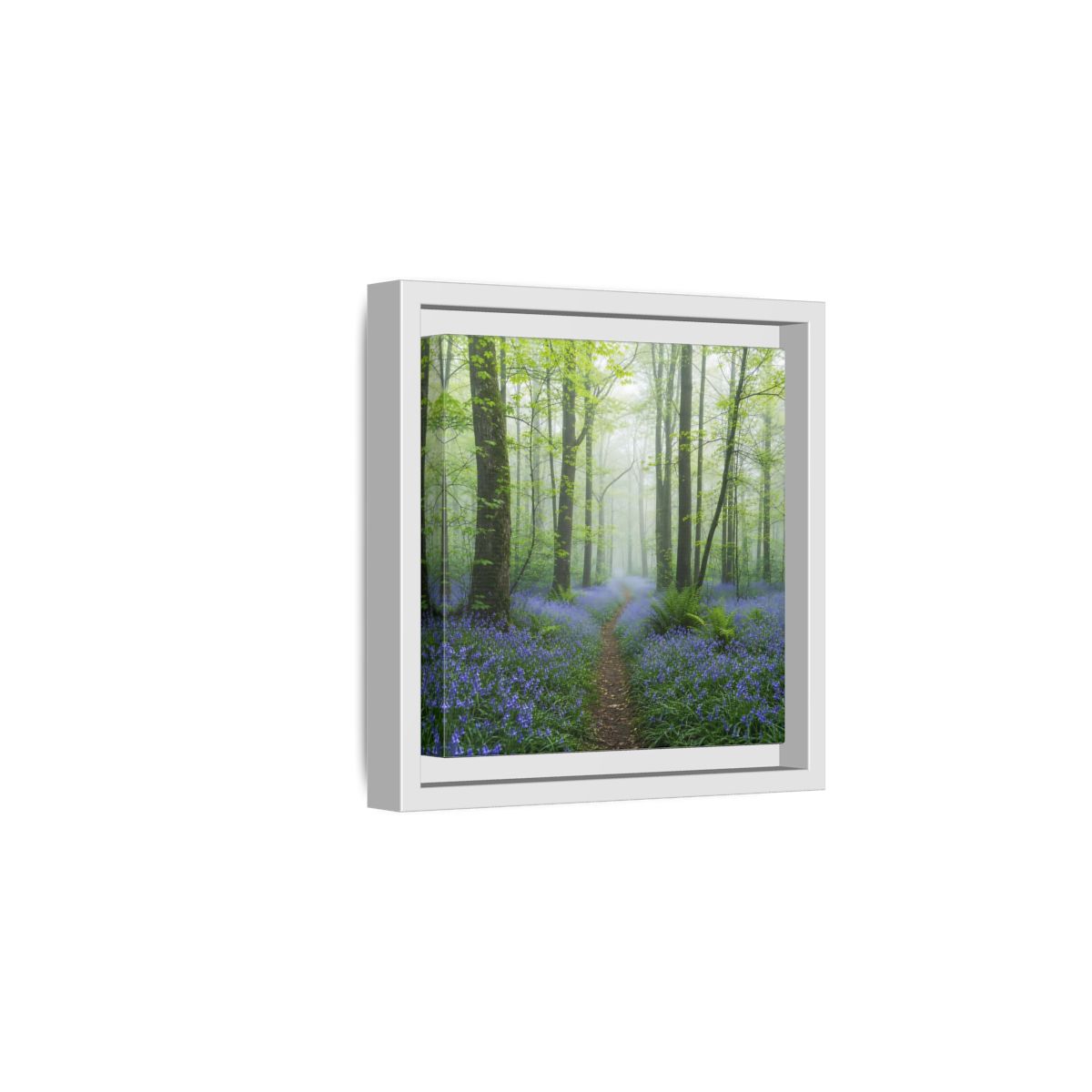 Side Mockup 1. Nature Bluebell Forest Bluebell Forest Path shown as stretched canvas wall art