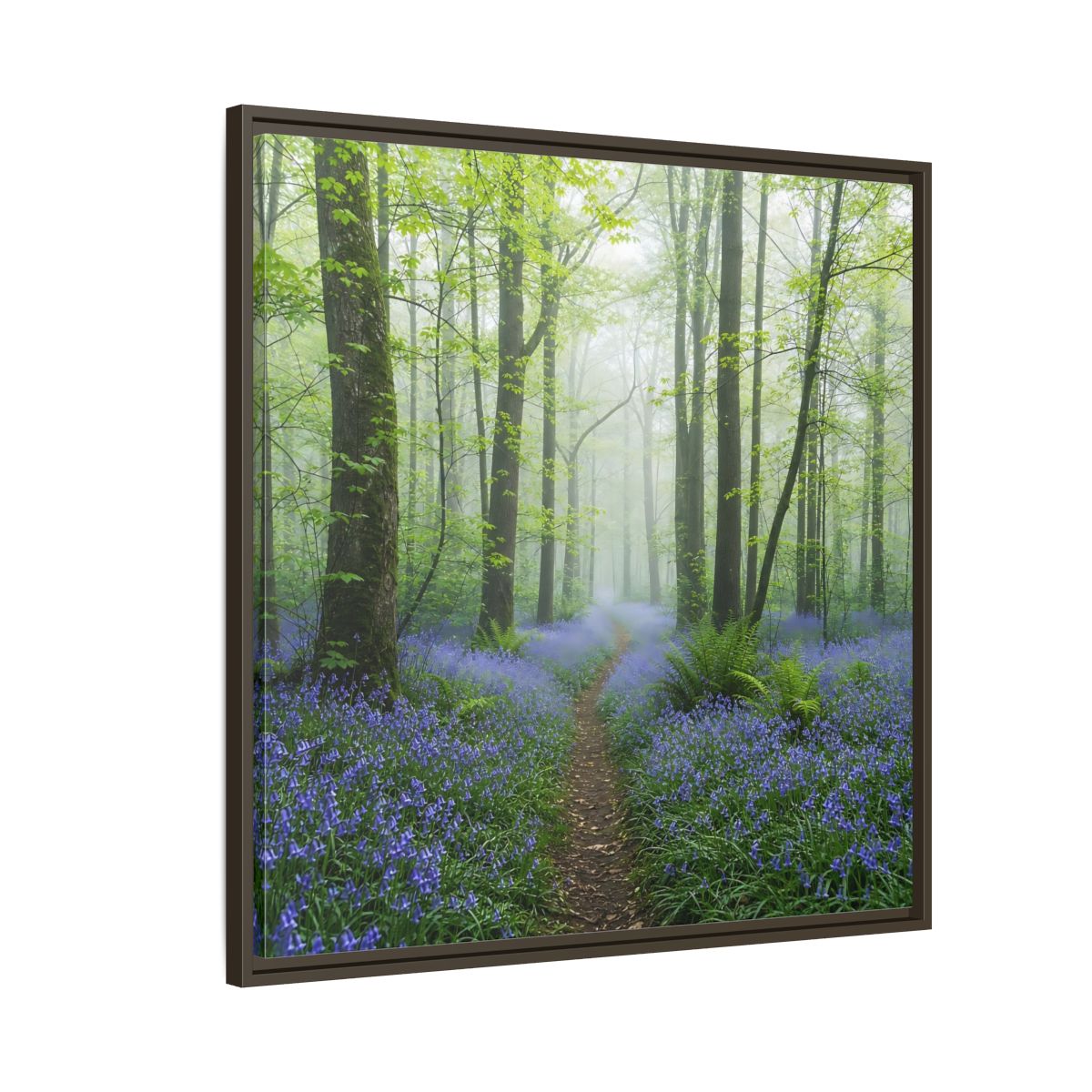 Side Mockup 8. Nature Bluebell Forest Bluebell Forest Path shown as stretched canvas wall art
