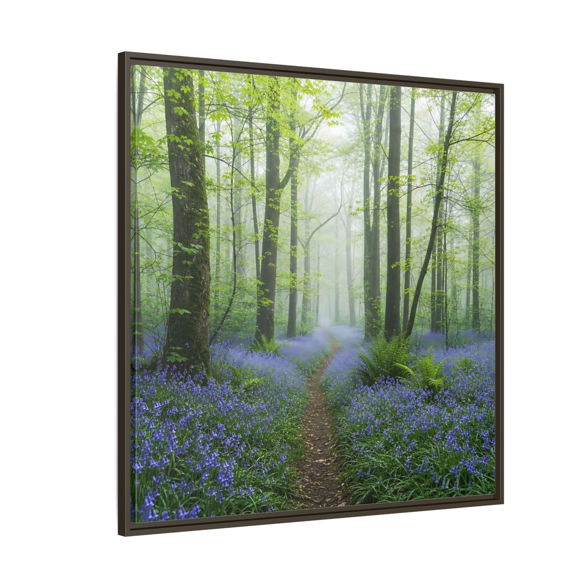 Side Mockup 5. Nature Bluebell Forest Bluebell Forest Path shown as stretched canvas wall art