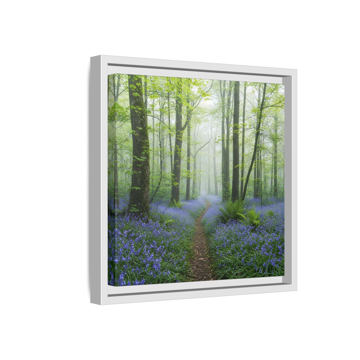 Side Mockup 16. Nature Bluebell Forest Bluebell Forest Path shown as stretched canvas wall art