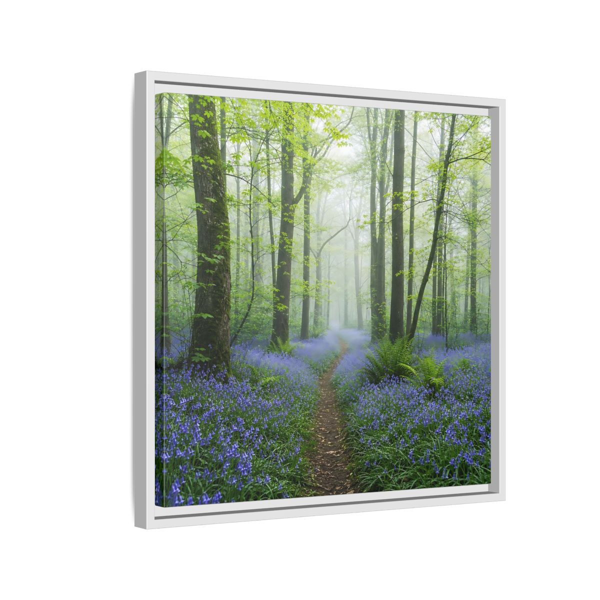 Side Mockup 10. Nature Bluebell Forest Bluebell Forest Path shown as stretched canvas wall art
