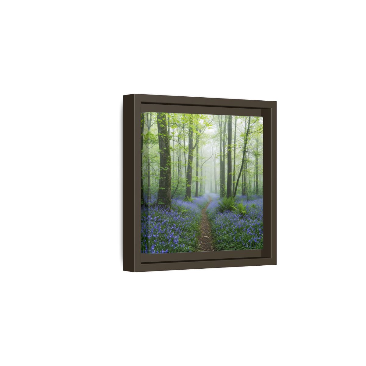 Side Mockup 2. Nature Bluebell Forest Bluebell Forest Path shown as stretched canvas wall art