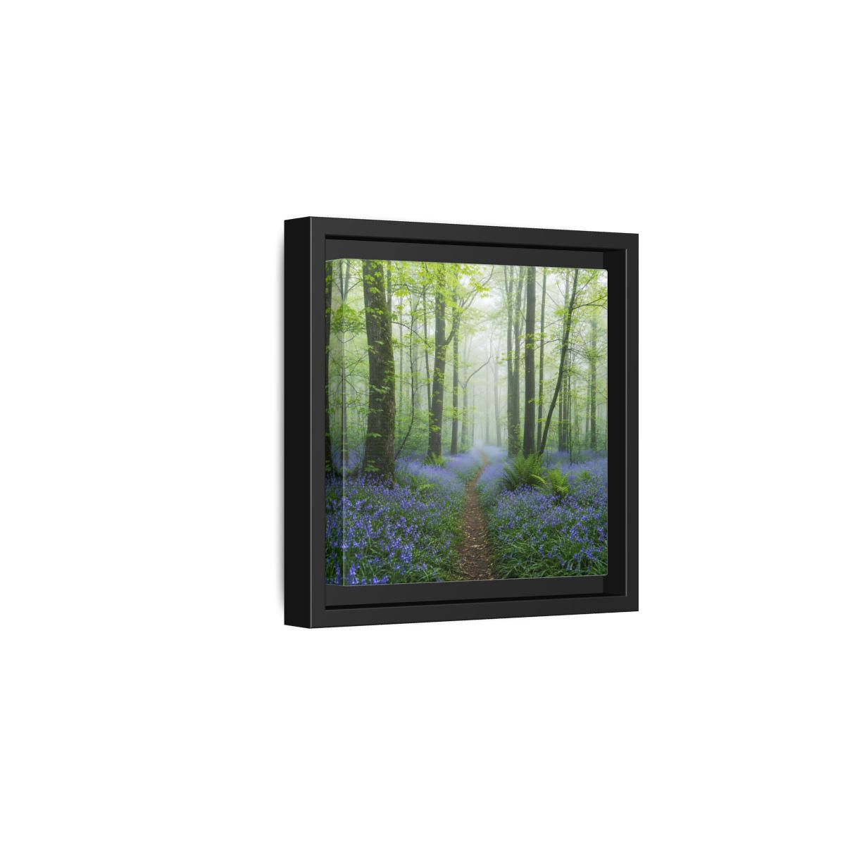 Side Mockup 3. Nature Bluebell Forest Bluebell Forest Path shown as stretched canvas wall art