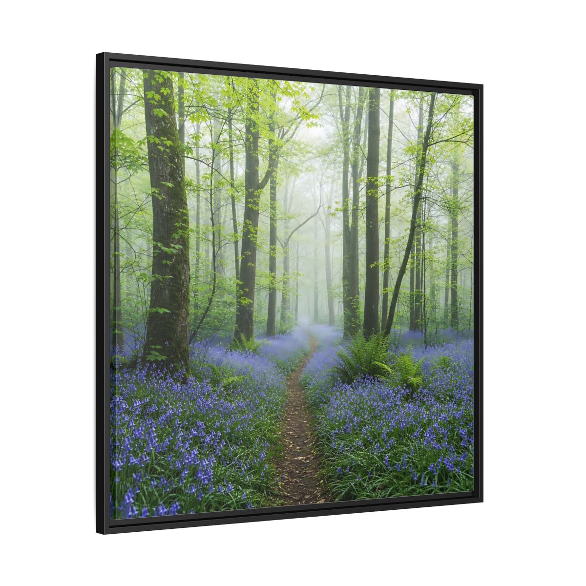 Side Mockup 30. Nature Bluebell Forest Bluebell Forest Path shown as stretched canvas wall art