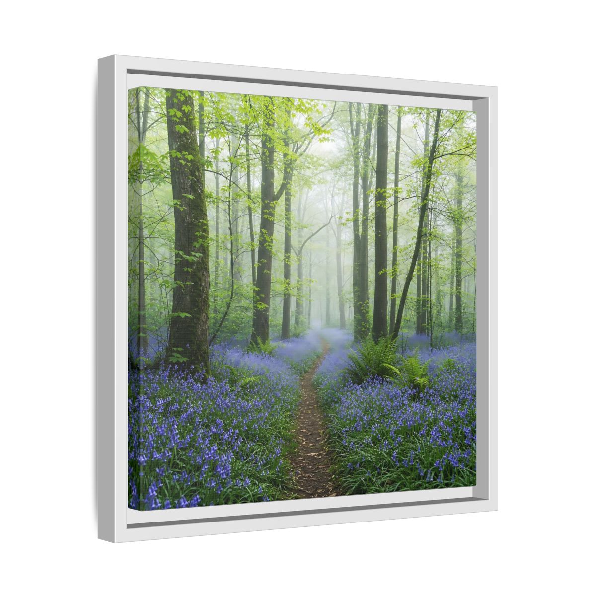 Side Mockup 28. Nature Bluebell Forest Bluebell Forest Path shown as stretched canvas wall art
