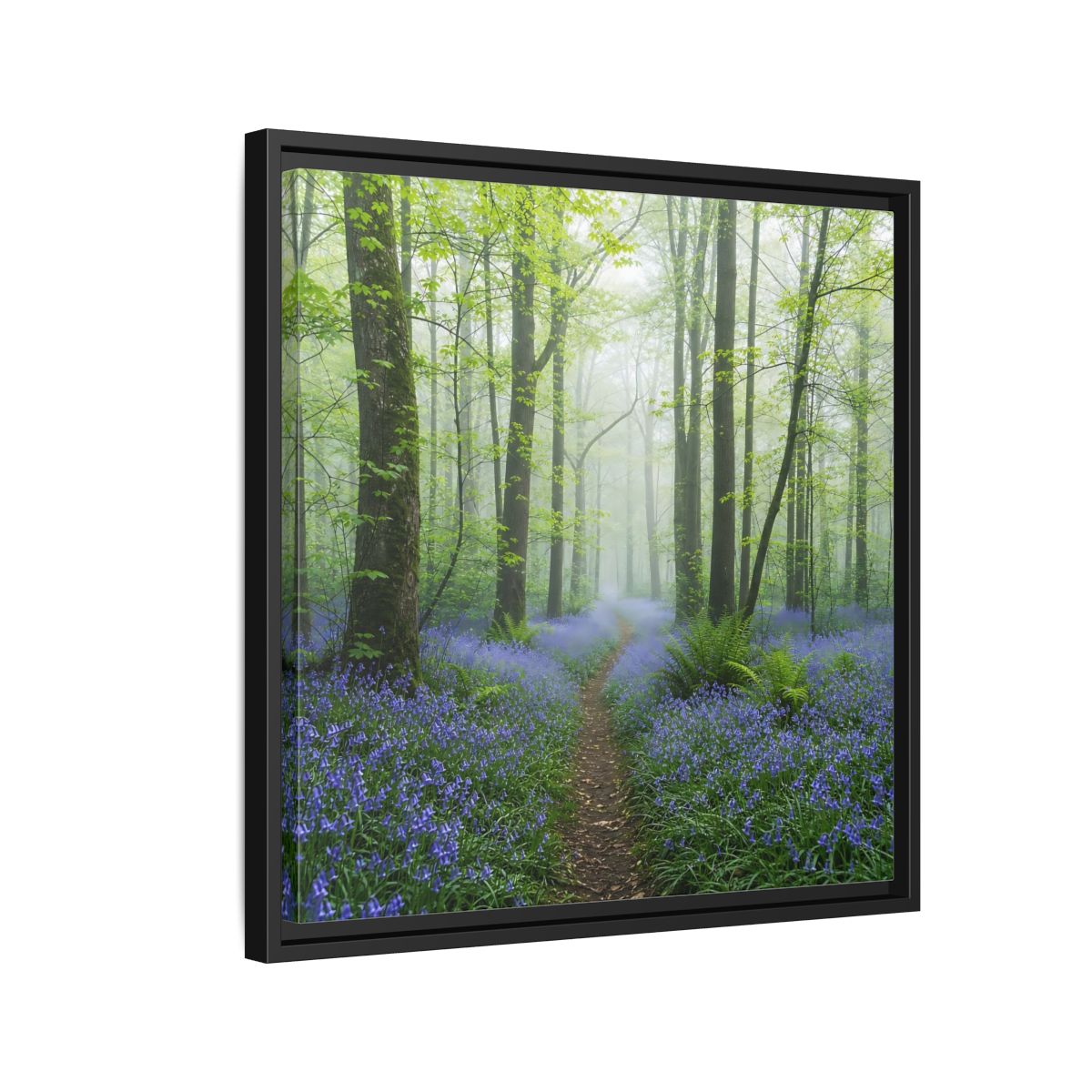 Side Mockup 12. Nature Bluebell Forest Bluebell Forest Path shown as stretched canvas wall art