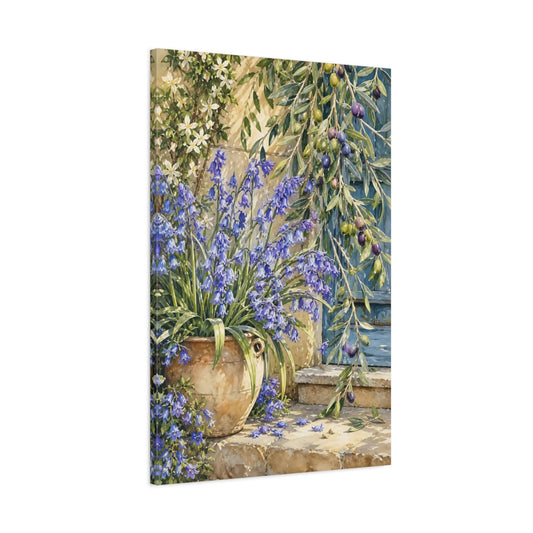 Main Mockup. Nature Bluebells Blue Floral Rustic shown as stretched canvas wall art