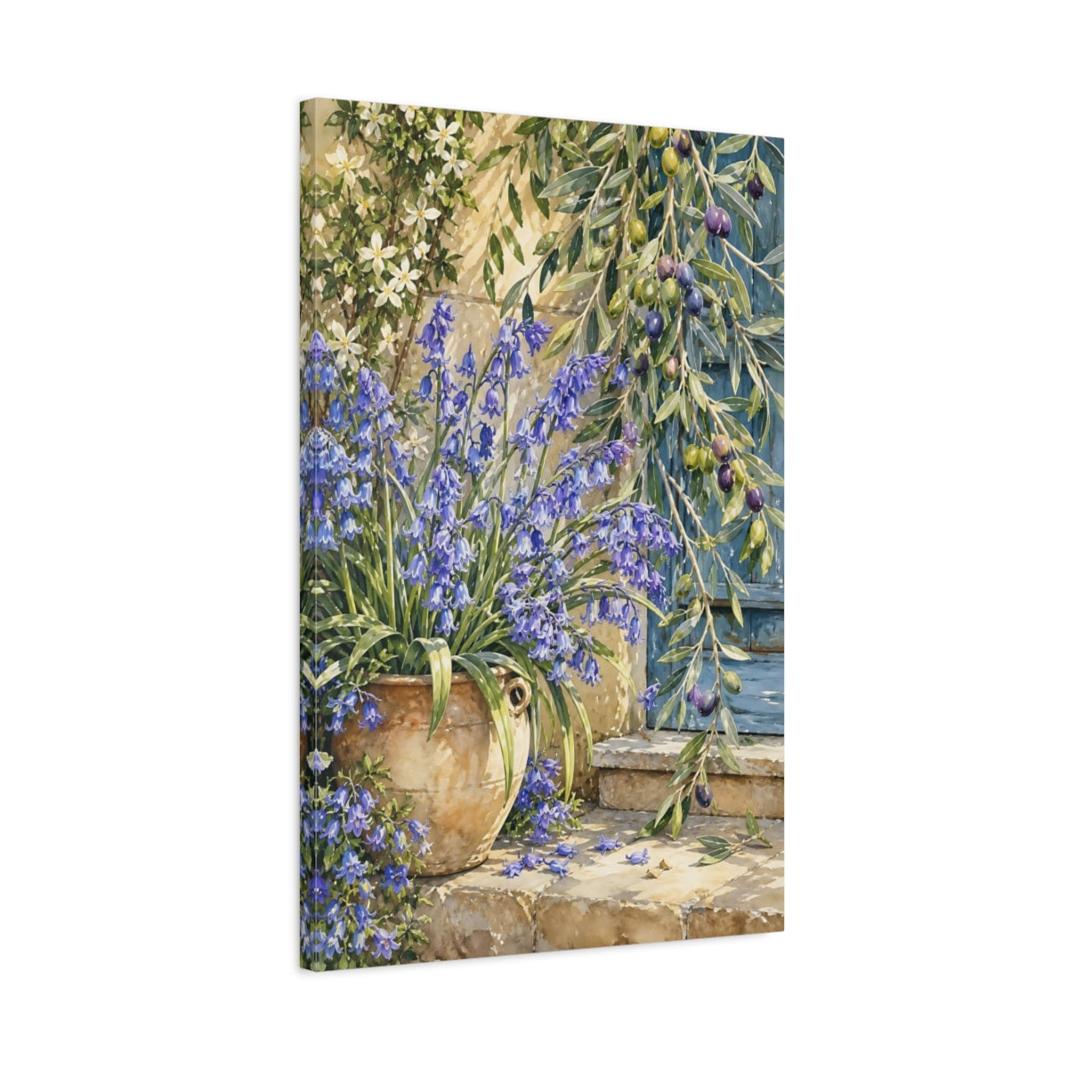 Side Mockup 2. Nature Bluebells Blue Floral Rustic shown as stretched canvas wall art