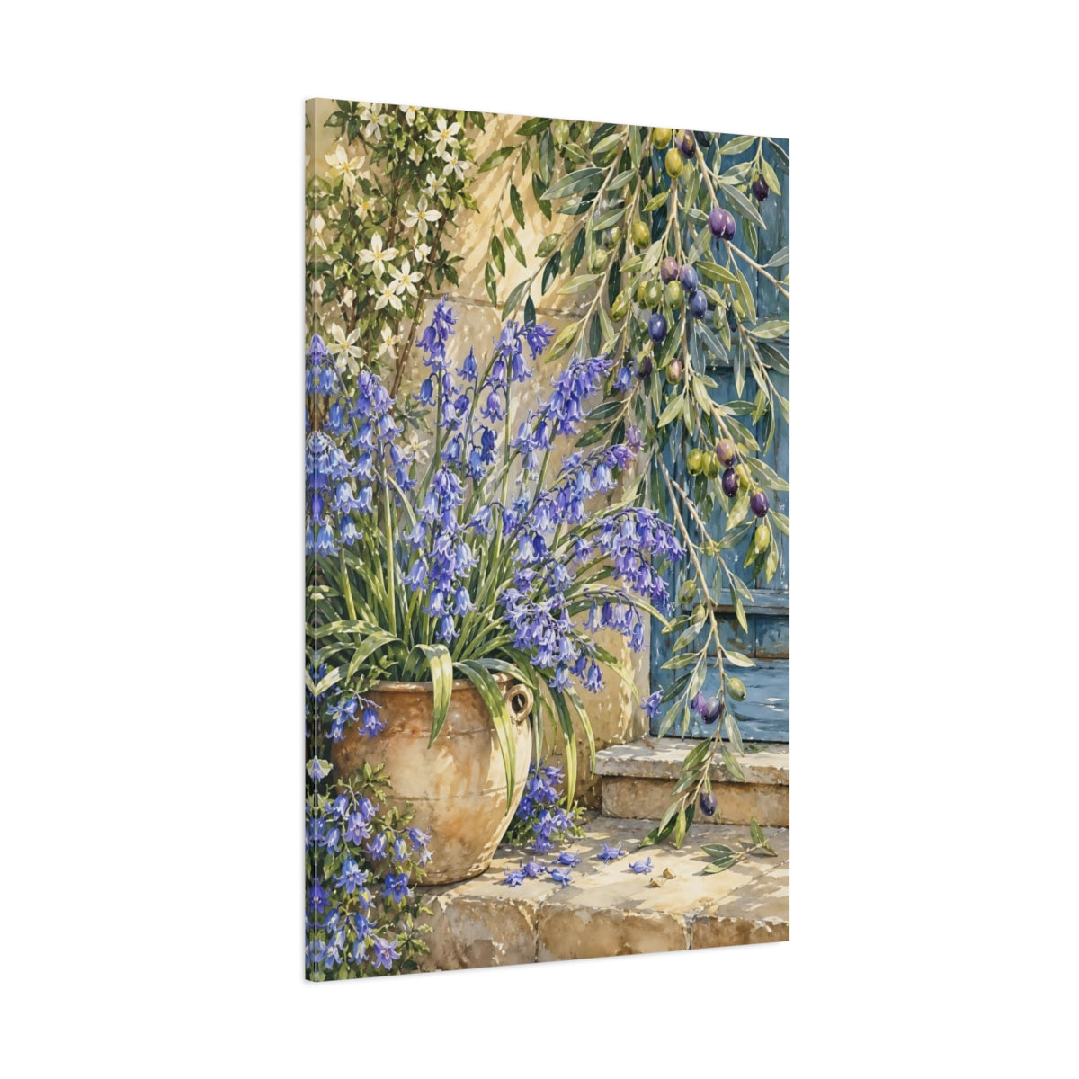 Side Mockup 1. Nature Bluebells Blue Floral Rustic shown as stretched canvas wall art