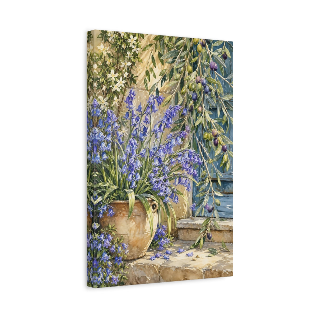 Side Mockup 4. Nature Bluebells Blue Floral Rustic shown as stretched canvas wall art