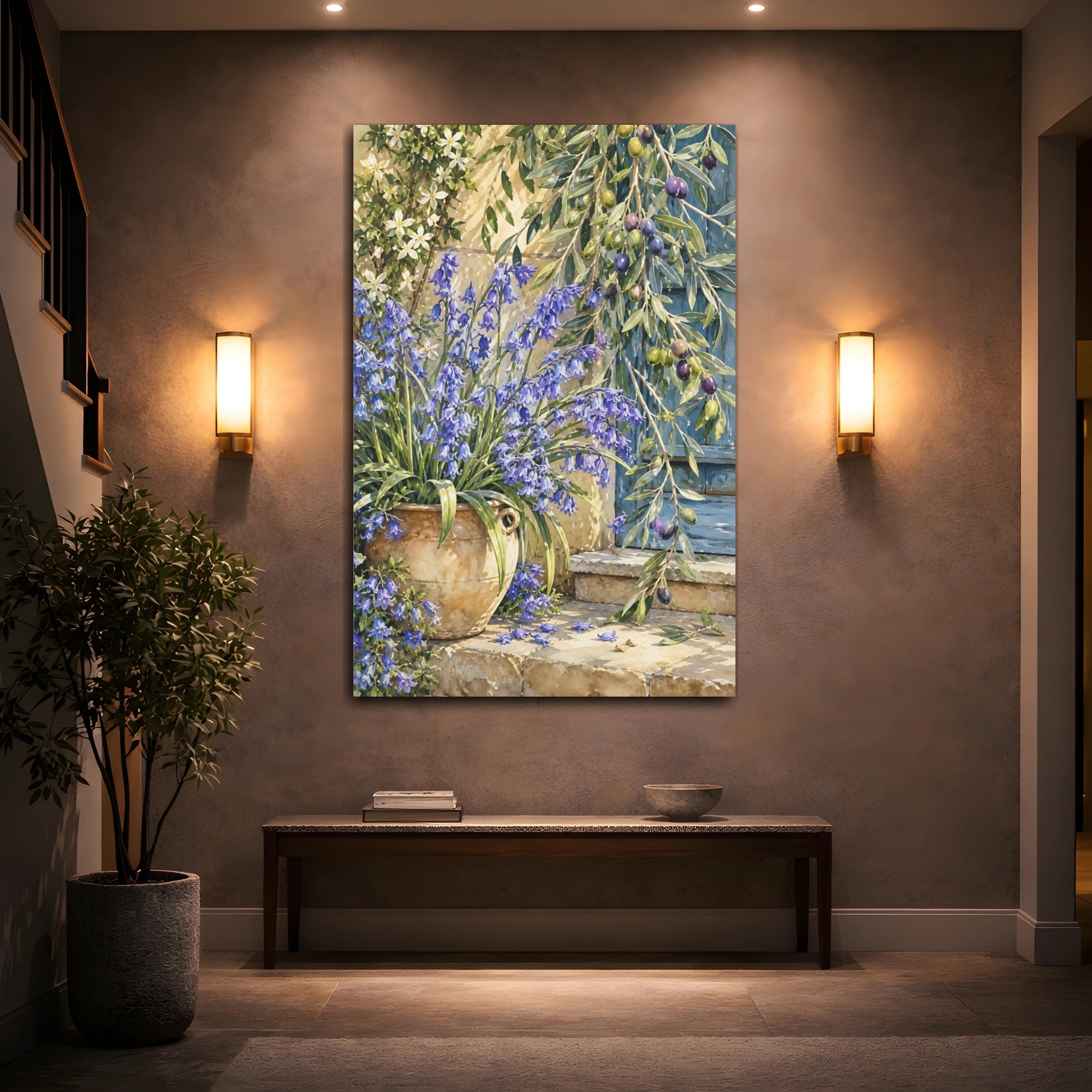 Mockup 2. Nature Bluebells Blue Floral Rustic shown as stretched canvas wall art