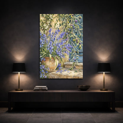 Mockup 3. Nature Bluebells Blue Floral Rustic shown as stretched canvas wall art