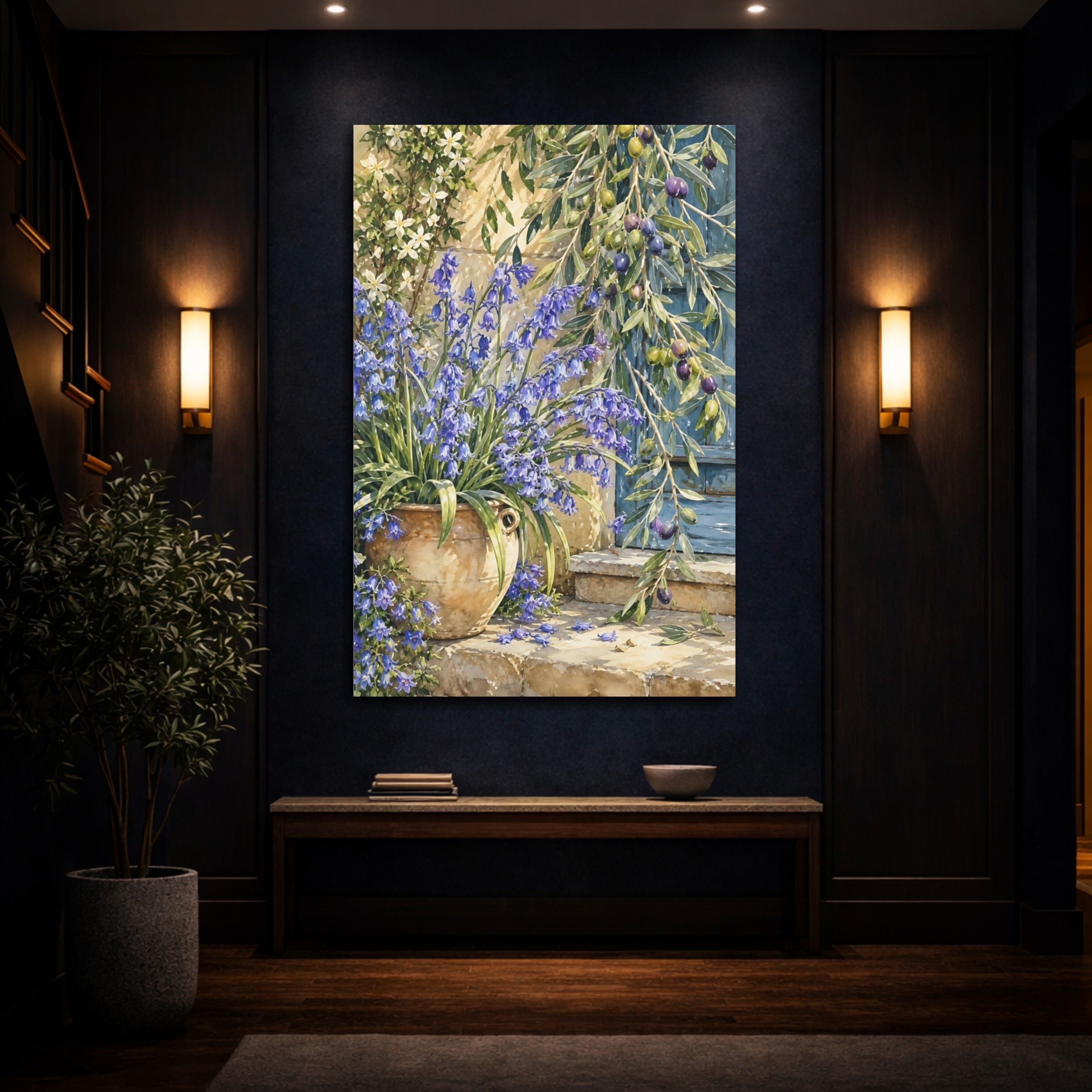 Mockup 4. Nature Bluebells Blue Floral Rustic shown as stretched canvas wall art