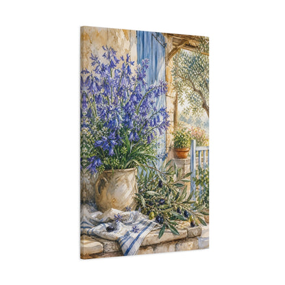 Main Mockup. Nature Bluebells Blue Rustic Scene shown as stretched canvas wall art