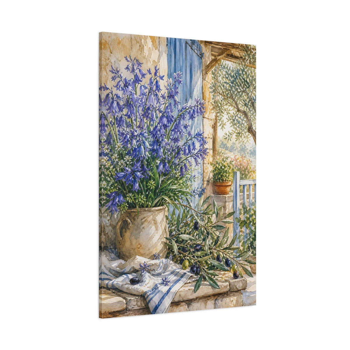 Side Mockup 1. Nature Bluebells Blue Rustic Scene shown as stretched canvas wall art