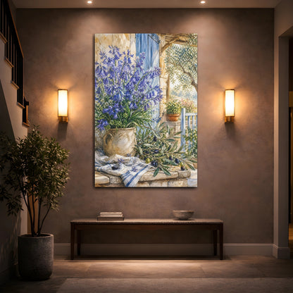 Mockup 2. Nature Bluebells Blue Rustic Scene shown as stretched canvas wall art