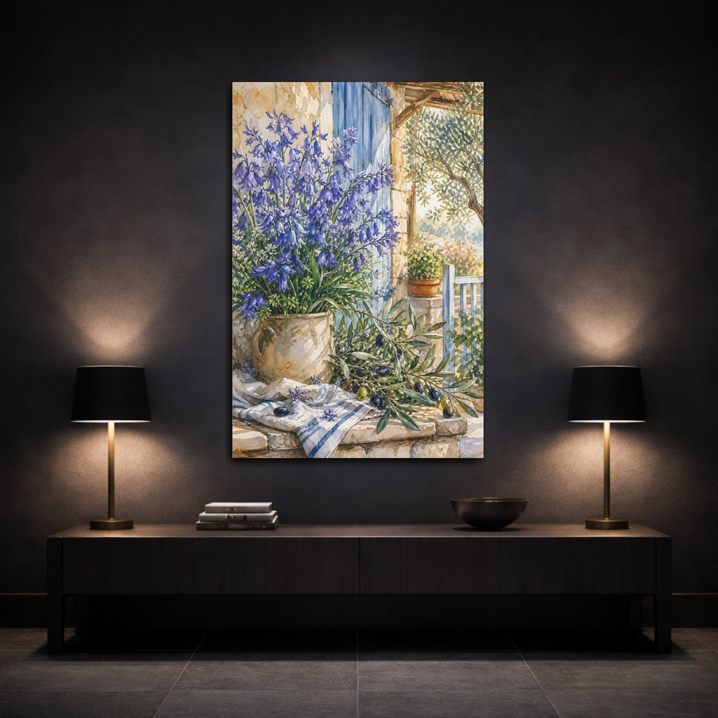 Mockup 3. Nature Bluebells Blue Rustic Scene shown as stretched canvas wall art