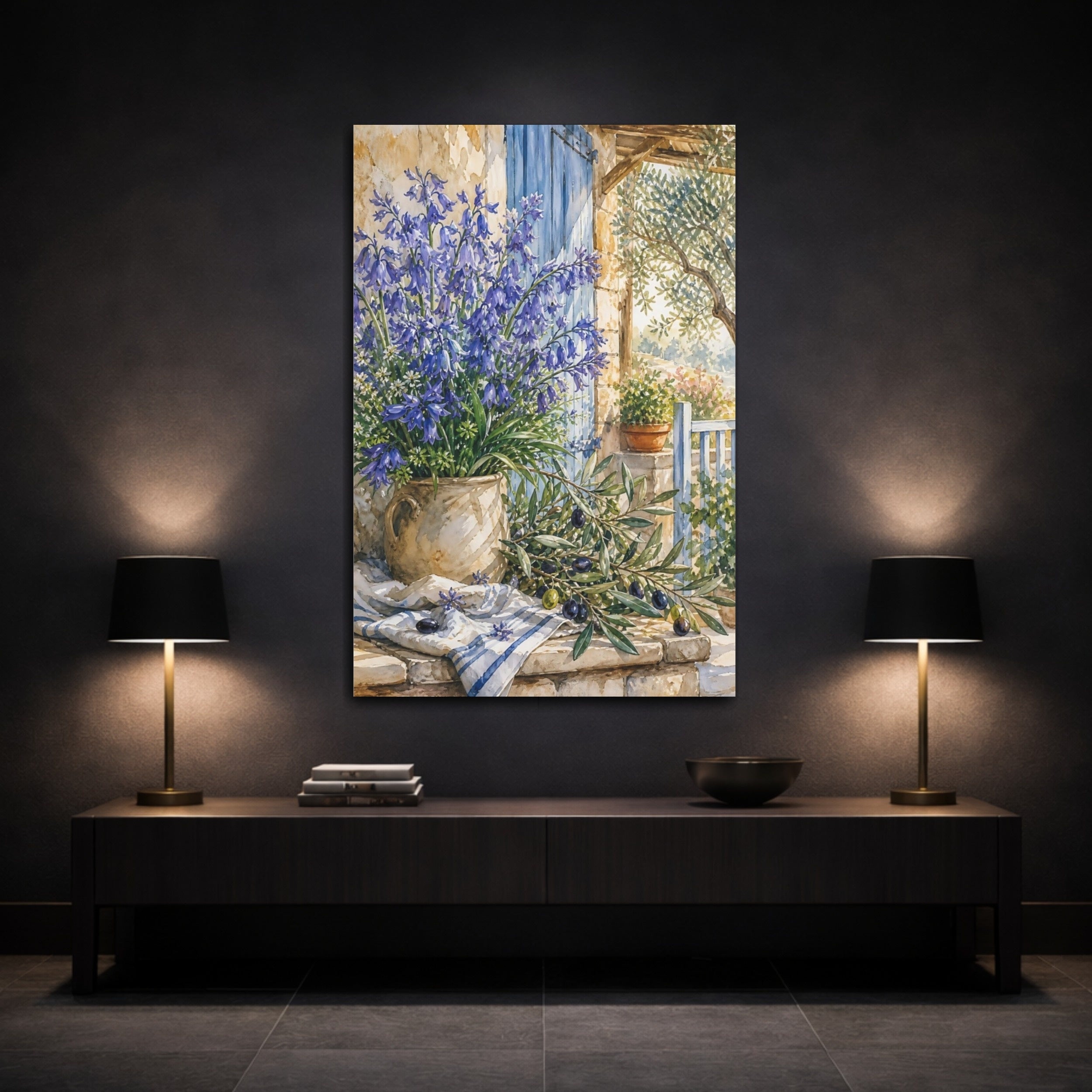 Mockup 3. Nature Bluebells Blue Rustic Scene shown as stretched canvas wall art