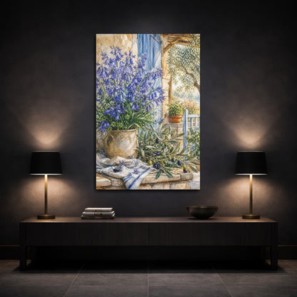 Mockup 3. Nature Bluebells Blue Rustic Scene shown as stretched canvas wall art