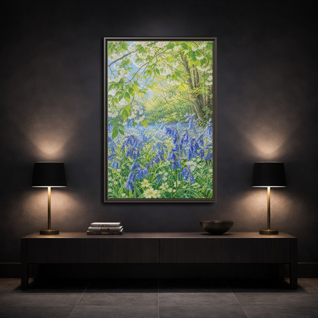 Mockup 3. Nature Bluebells Bluebell Forest shown as stretched canvas wall art