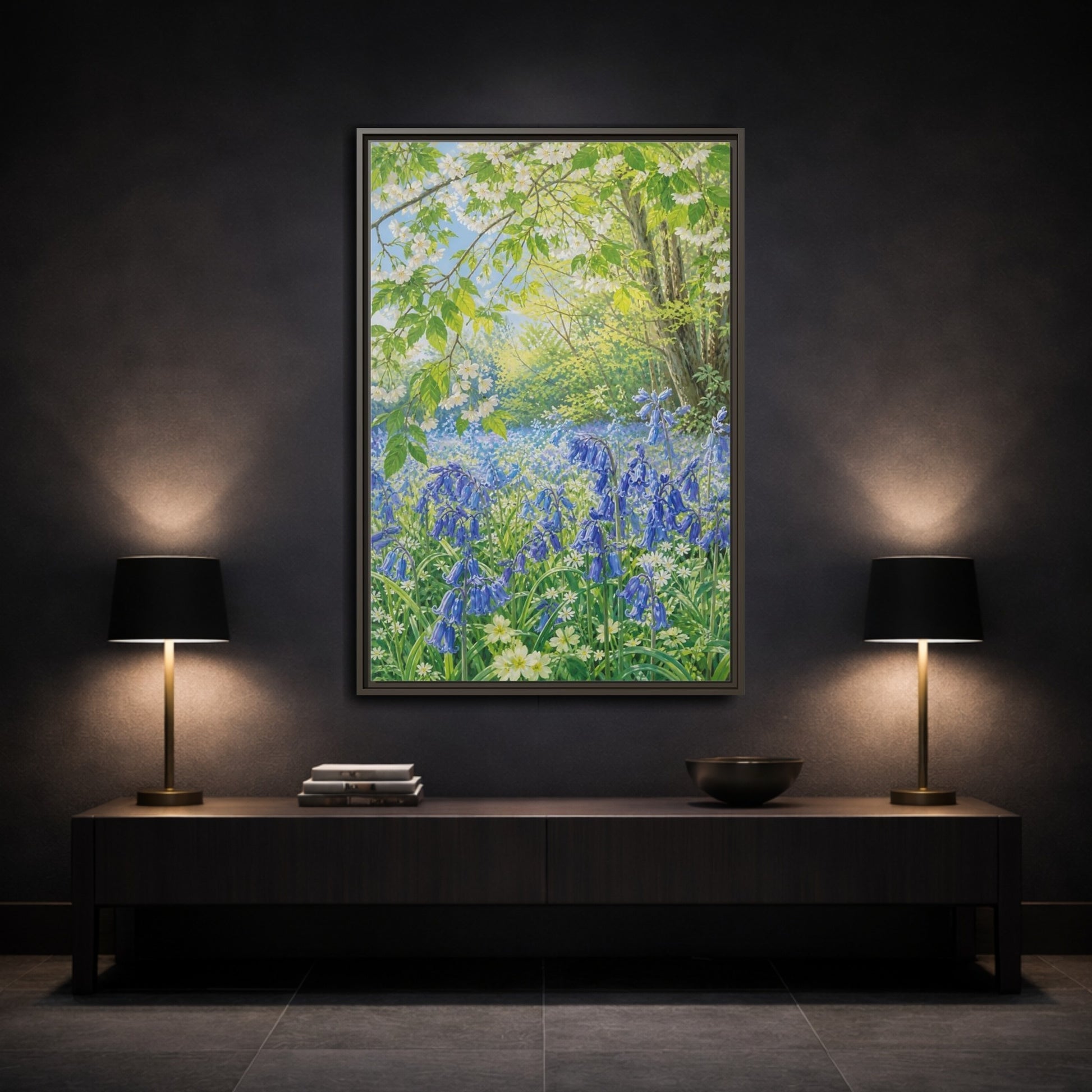 Mockup 3. Nature Bluebells Bluebell Forest shown as stretched canvas wall art