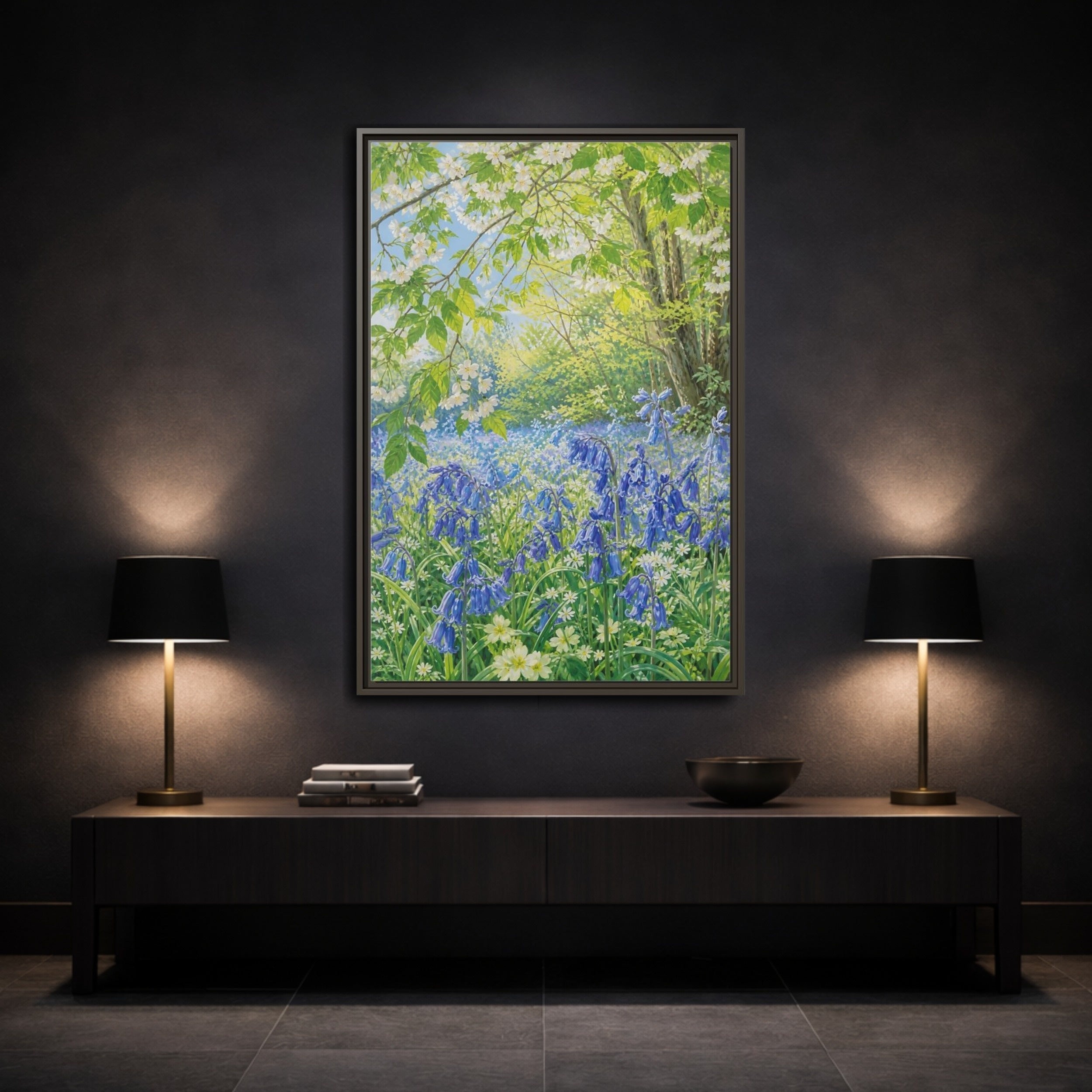 Mockup 3. Nature Bluebells Bluebell Forest shown as stretched canvas wall art