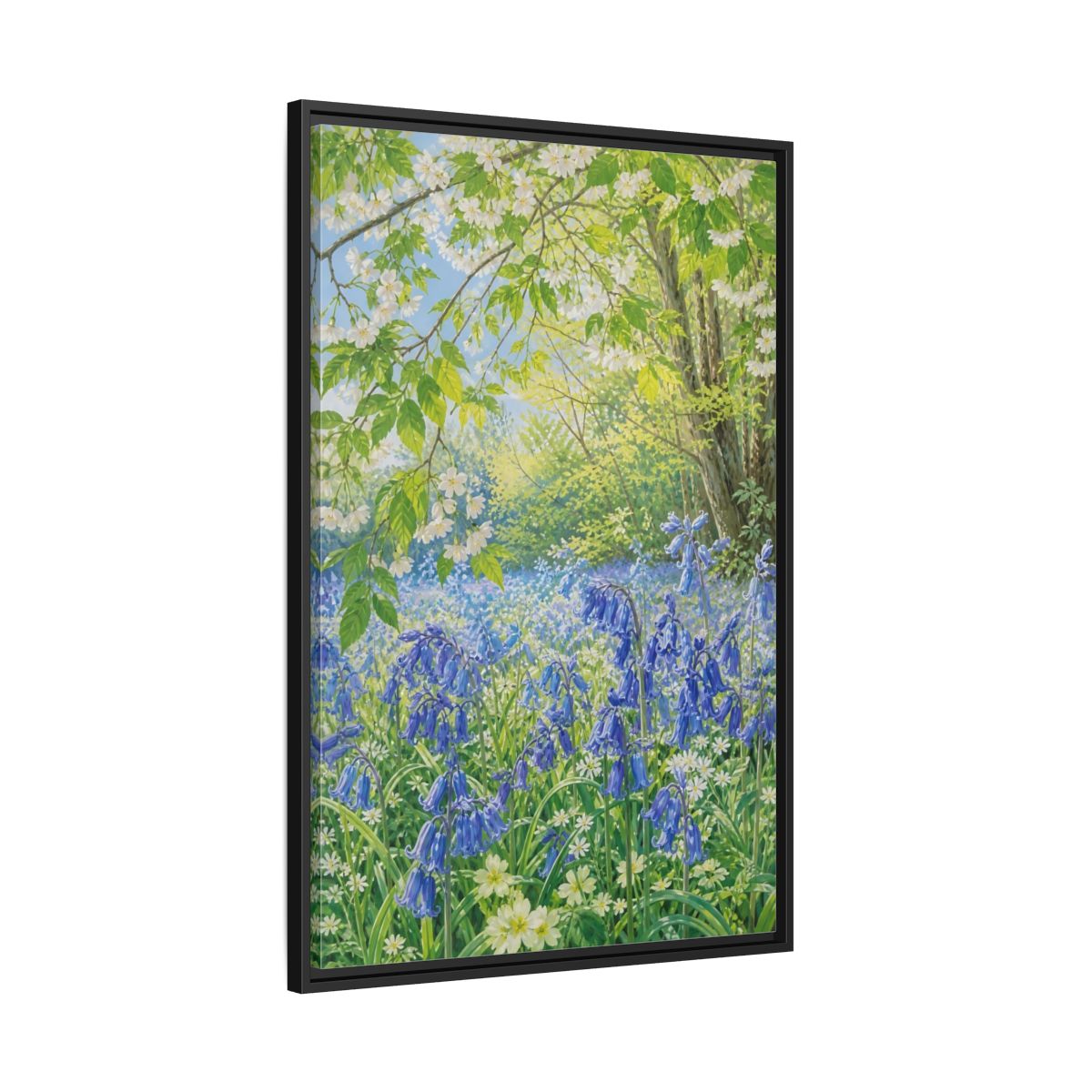Side Mockup 13. Nature Bluebells Bluebell Forest shown as stretched canvas wall art