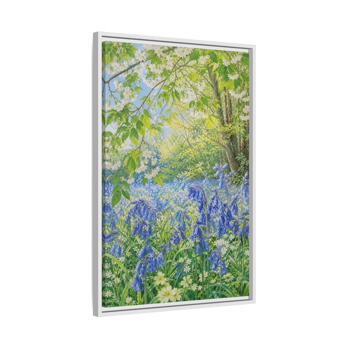Side Mockup 10. Nature Bluebells Bluebell Forest shown as stretched canvas wall art
