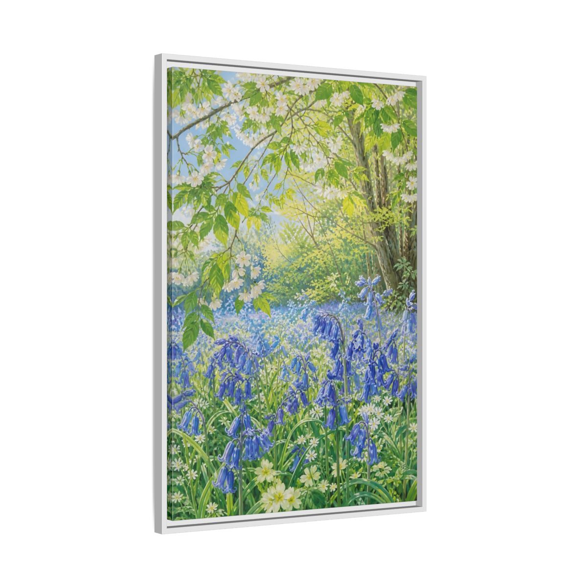 Side Mockup 9. Nature Bluebells Bluebell Forest shown as stretched canvas wall art