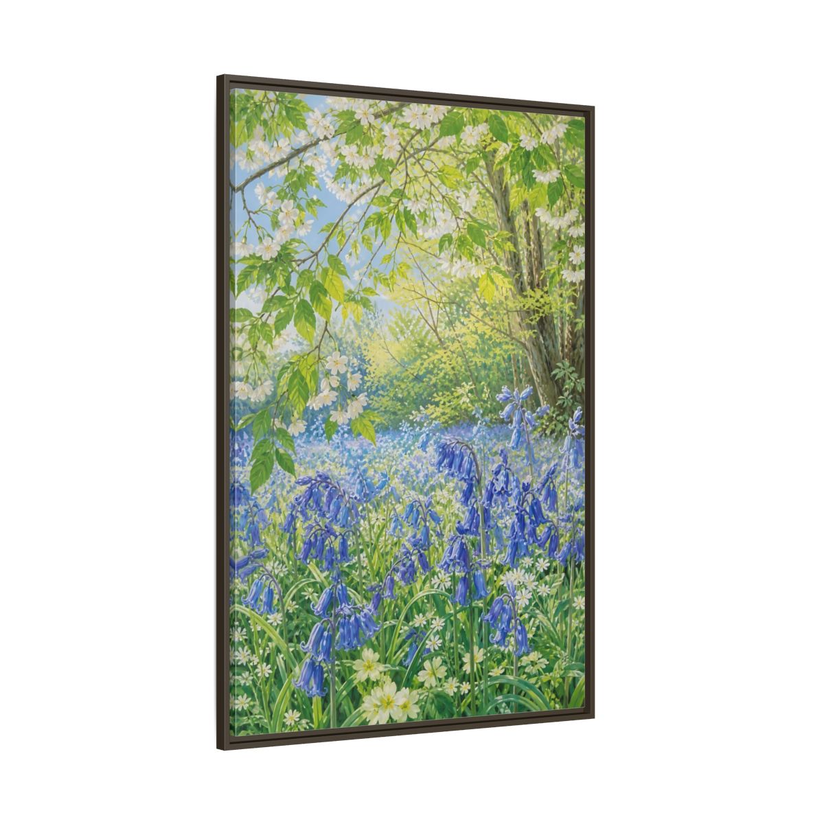 Side Mockup 8. Nature Bluebells Bluebell Forest shown as stretched canvas wall art