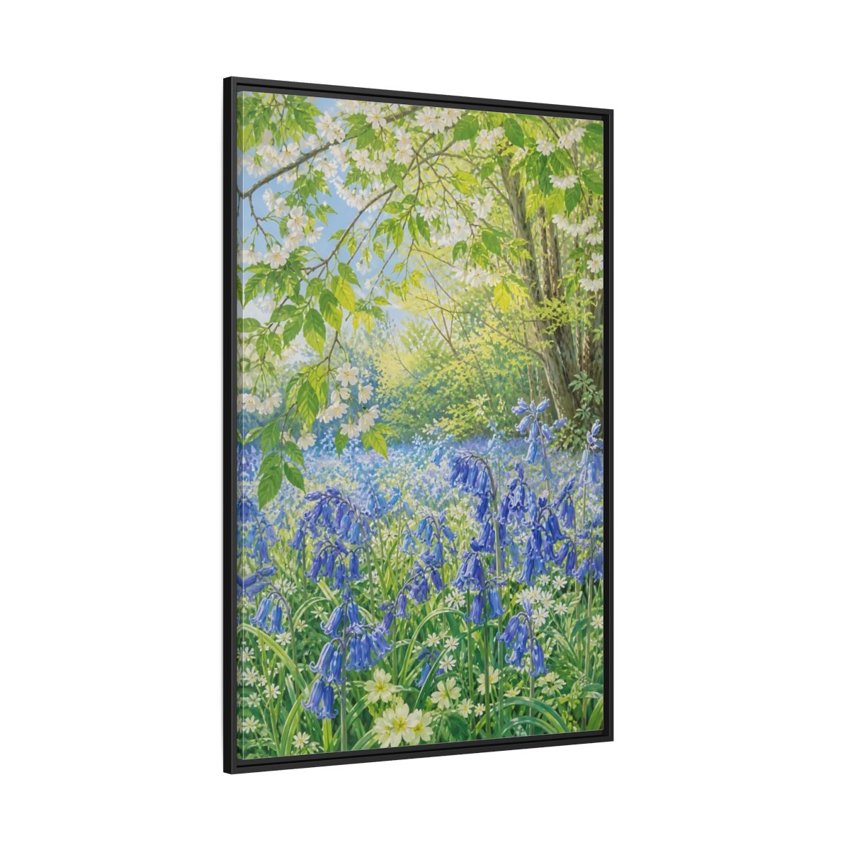 Side Mockup 12. Nature Bluebells Bluebell Forest shown as stretched canvas wall art