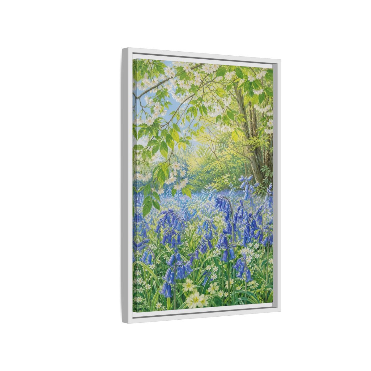 Side Mockup 1. Nature Bluebells Bluebell Forest shown as stretched canvas wall art