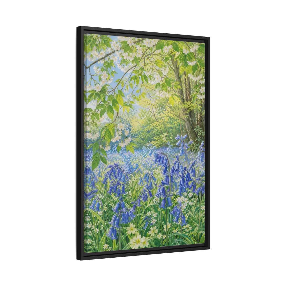 Side Mockup 14. Nature Bluebells Bluebell Forest shown as stretched canvas wall art