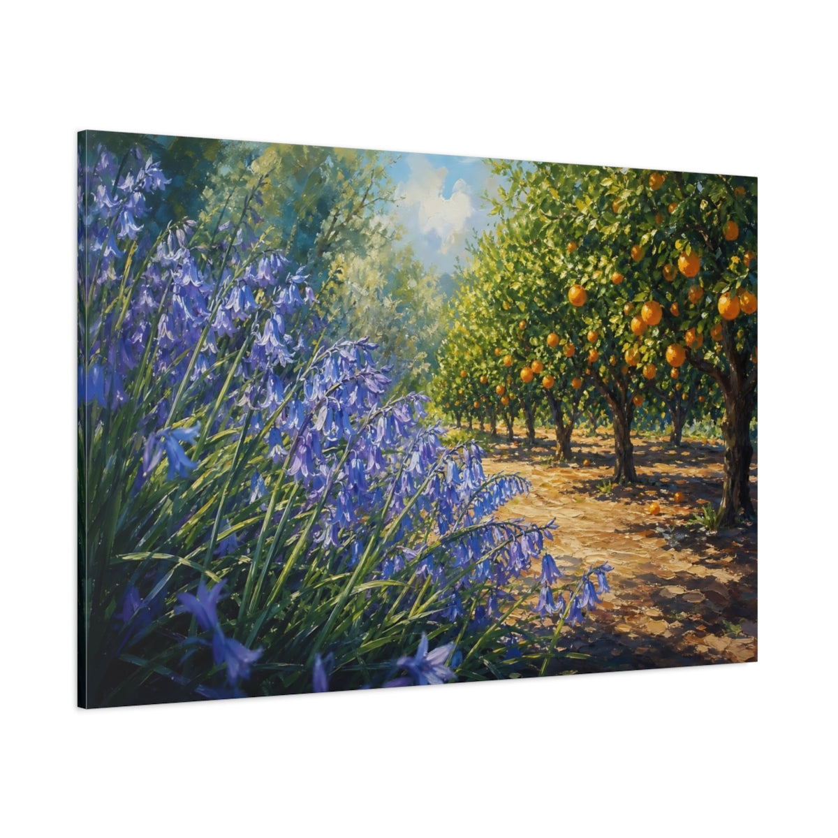 Side Mockup 1. Nature Bluebells, Orange Grove Blue Orange Landscape shown as stretched canvas wall art